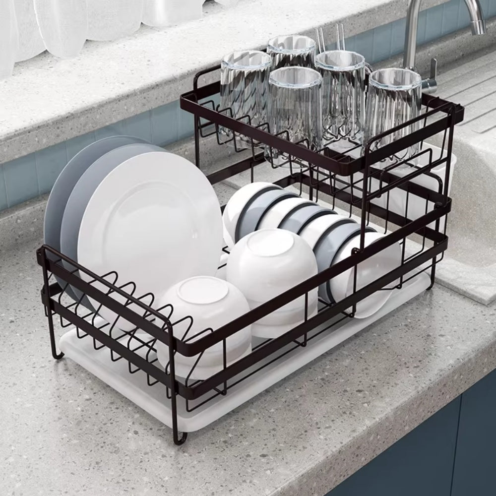 Double-Layer Dish Drying Rack /w PP tray & cutlery holder